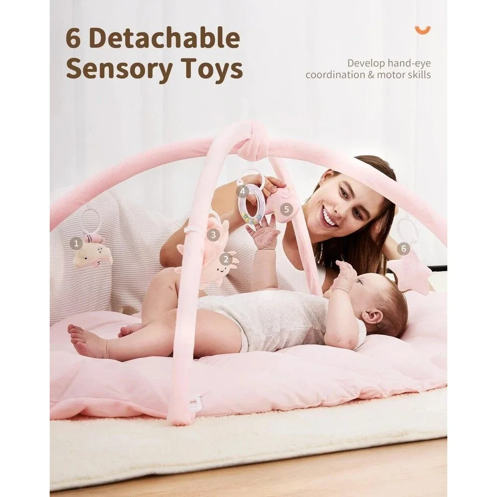 Angelbliss Baby Play Gym Mat Reversible Tummy Time Mat 5 Sensory Toys Girl Pink
